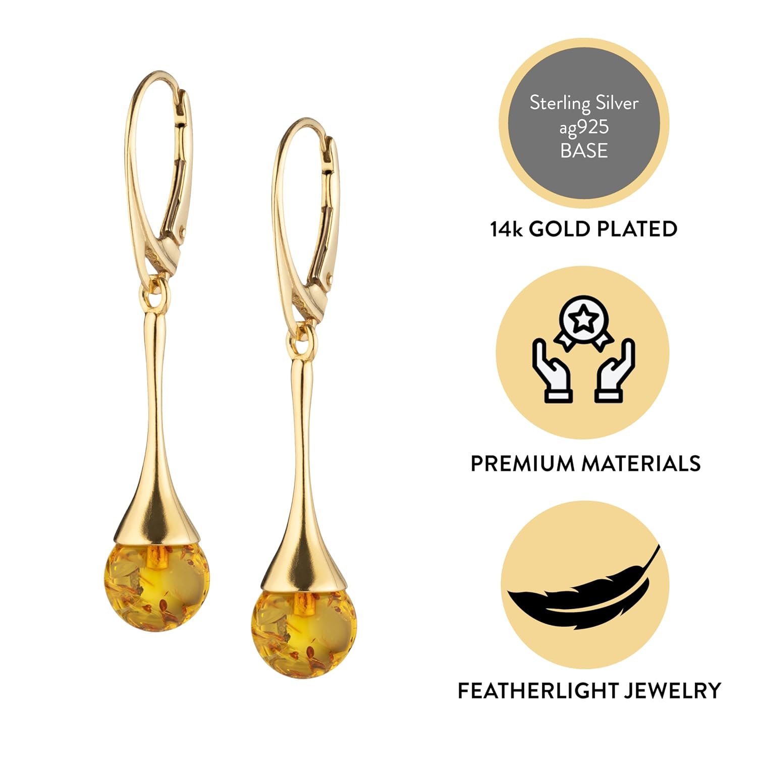 Ball Bead Earrings for Women – Gold-Plated 925 Sterling Silver Drop Earrings with Natural Baltic Amber, Lightweight Dangle Jewelry Gift for Everyday Elegance - Image 3