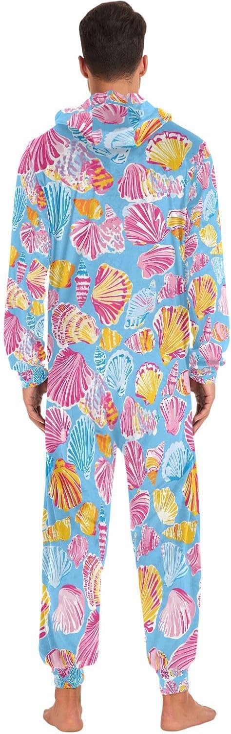 Pink Yellow Seashelll Pattern Adult Onesie Pajamas Novelty One Piece Costume Sleepwear Jumpsuits Matching PJS