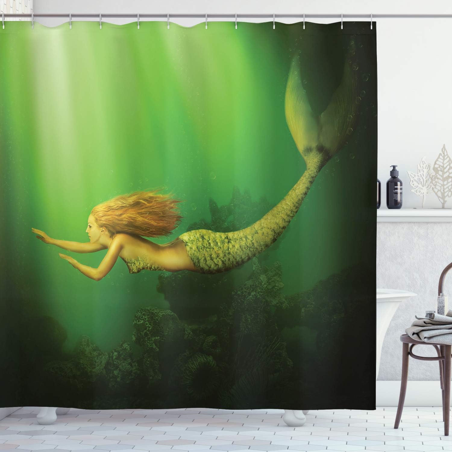 Ambesonne Mermaid Shower Curtain, Girl Fish Tail Swimming in The Deep Sea Fantasy World Art Print, Cloth Fabric Bathroom Decor Set with Hooks, 69" W x 75" L, Dark Green Ginger Green