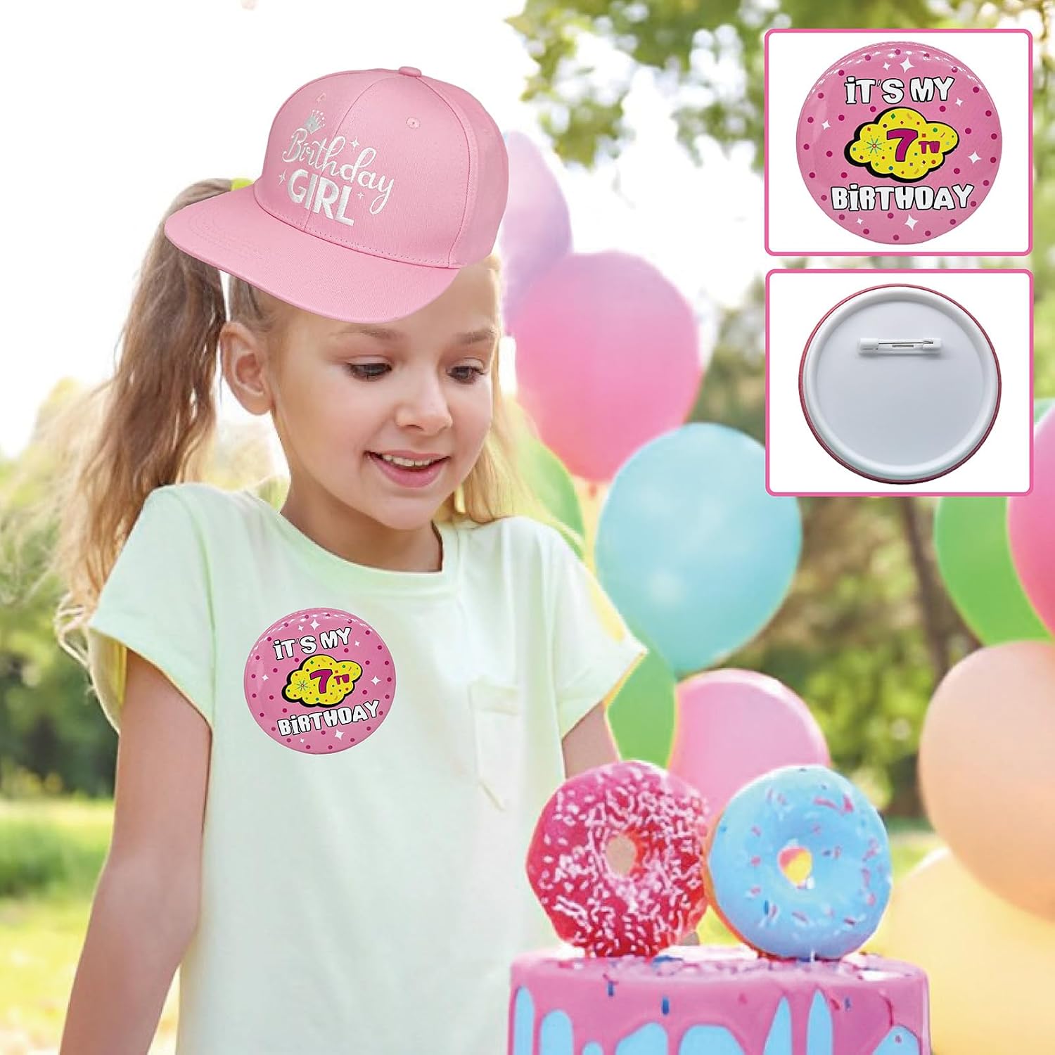 ZomefinKiu 7th Birthday Party Favors for Girls - Badge Button, Pink Hat,Decorations for 7 Year Old Girl's Outfit