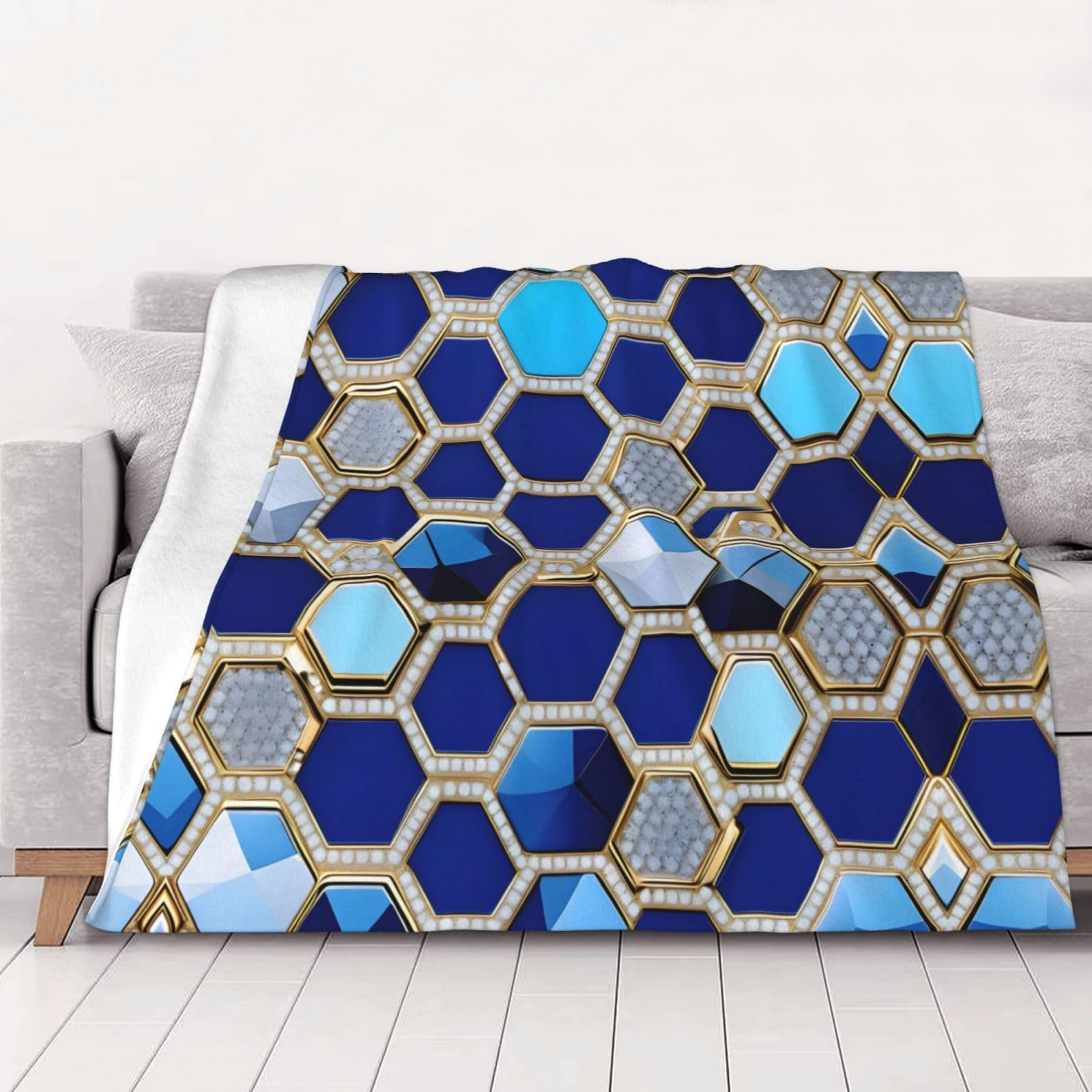 Couverture polaire bleue grand format plaid flanelle douce lit canapé motif géométrique