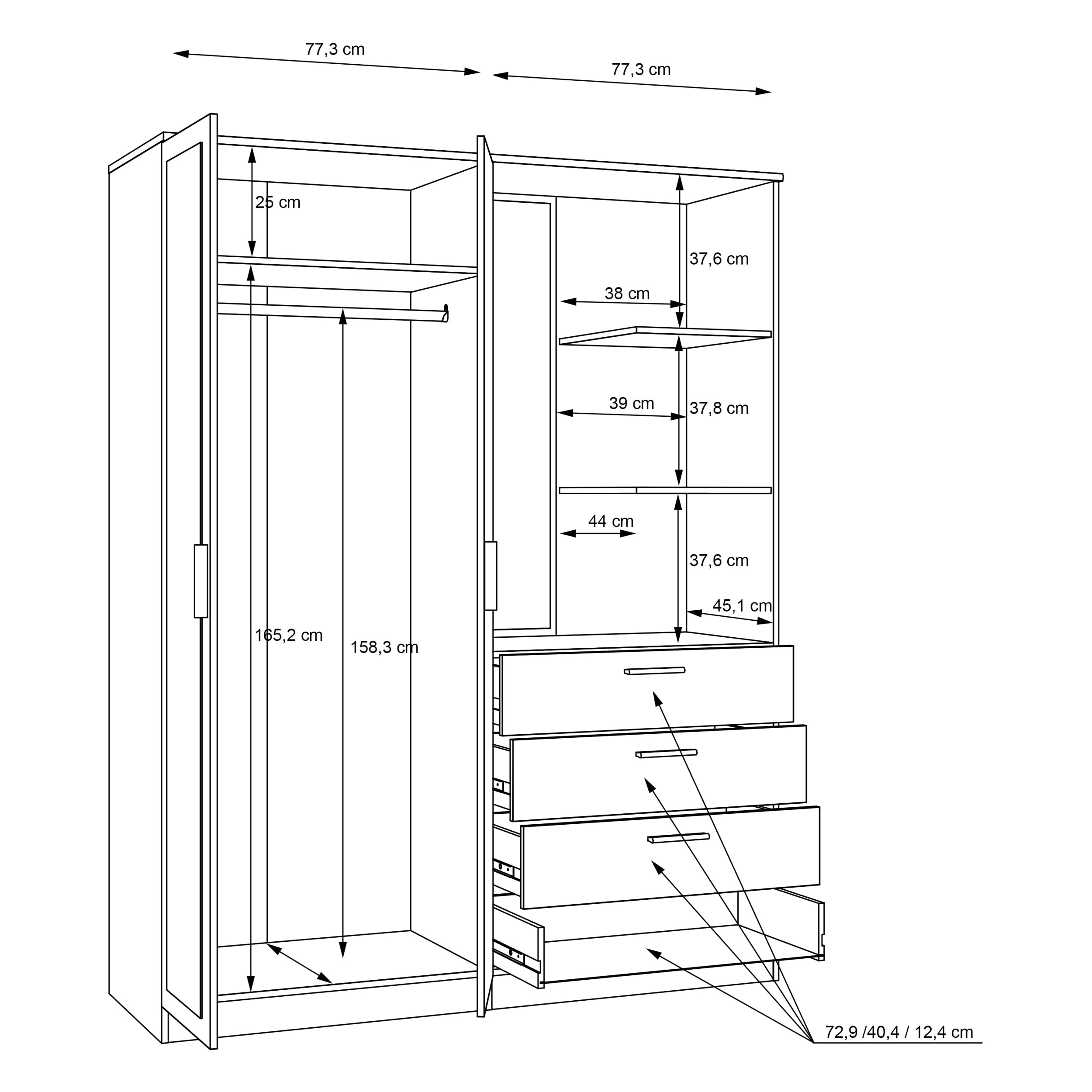 Forte DEWANIA Kleiderschrank 160, Schrank mit offenen Regalfächern und Spiegel, Holzwerkstoff, Weiß, 159,3 cm breit, 203,4 cm hoch, 52,7 cm tief