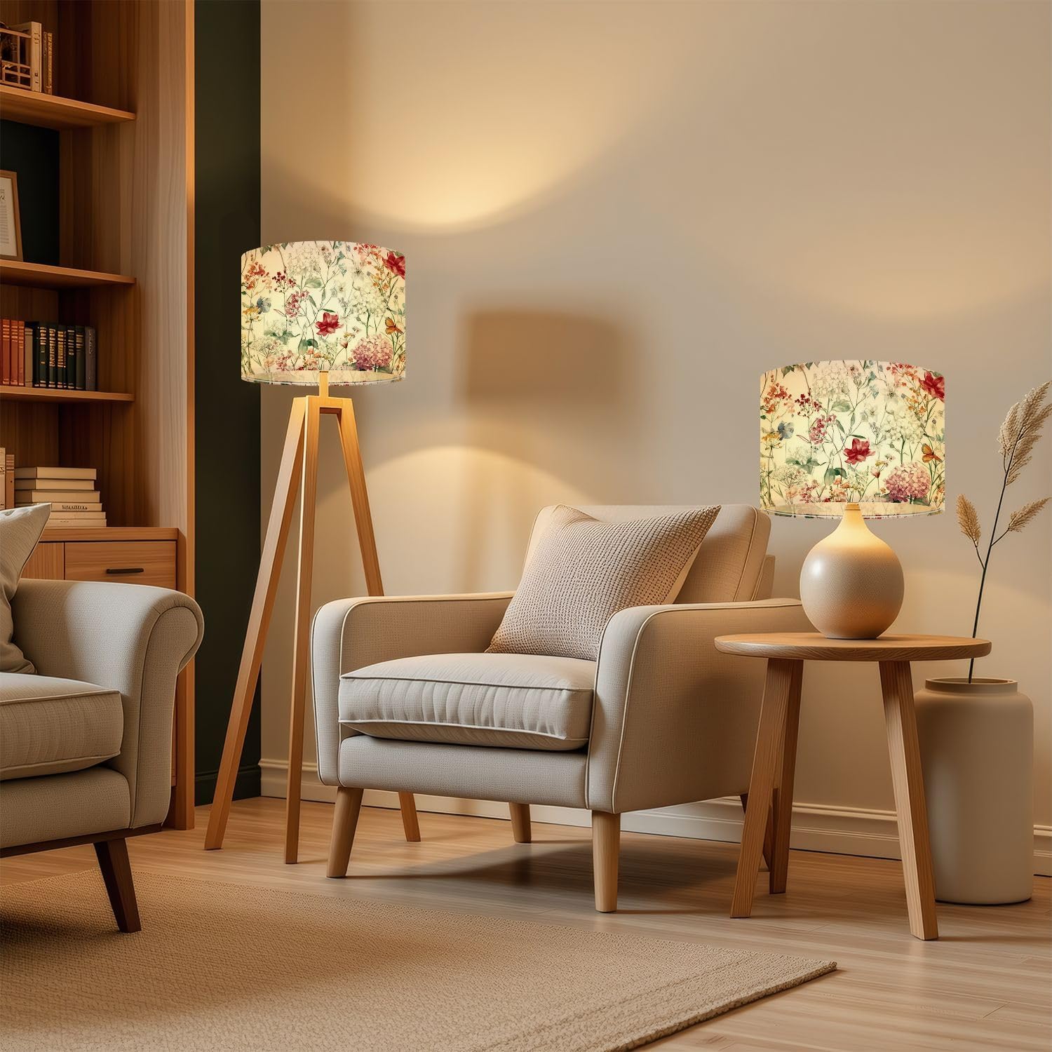 Large Drum Lamp Shades for Floor Lamps Wildflower Watercolor Seamless Garden Flowers Floral Boho Watercolor Easy Assembly Required Fabric Lamp Shades for Bedroom Study Dorm Decor 13x13x10in