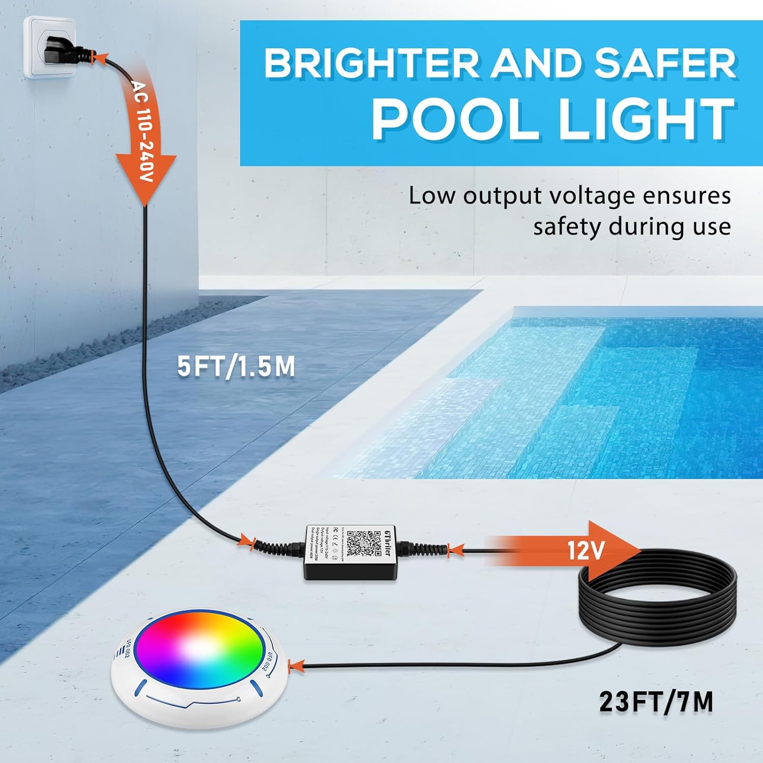 Above Ground Pool Lights with APP Control 20W RGB Dimmable LED Pool Lights with Suction Cups and Built-in Magnets 12V Underwater Pool Light for Above ground Inground Pools IP68 Waterproof 28FT Cord W