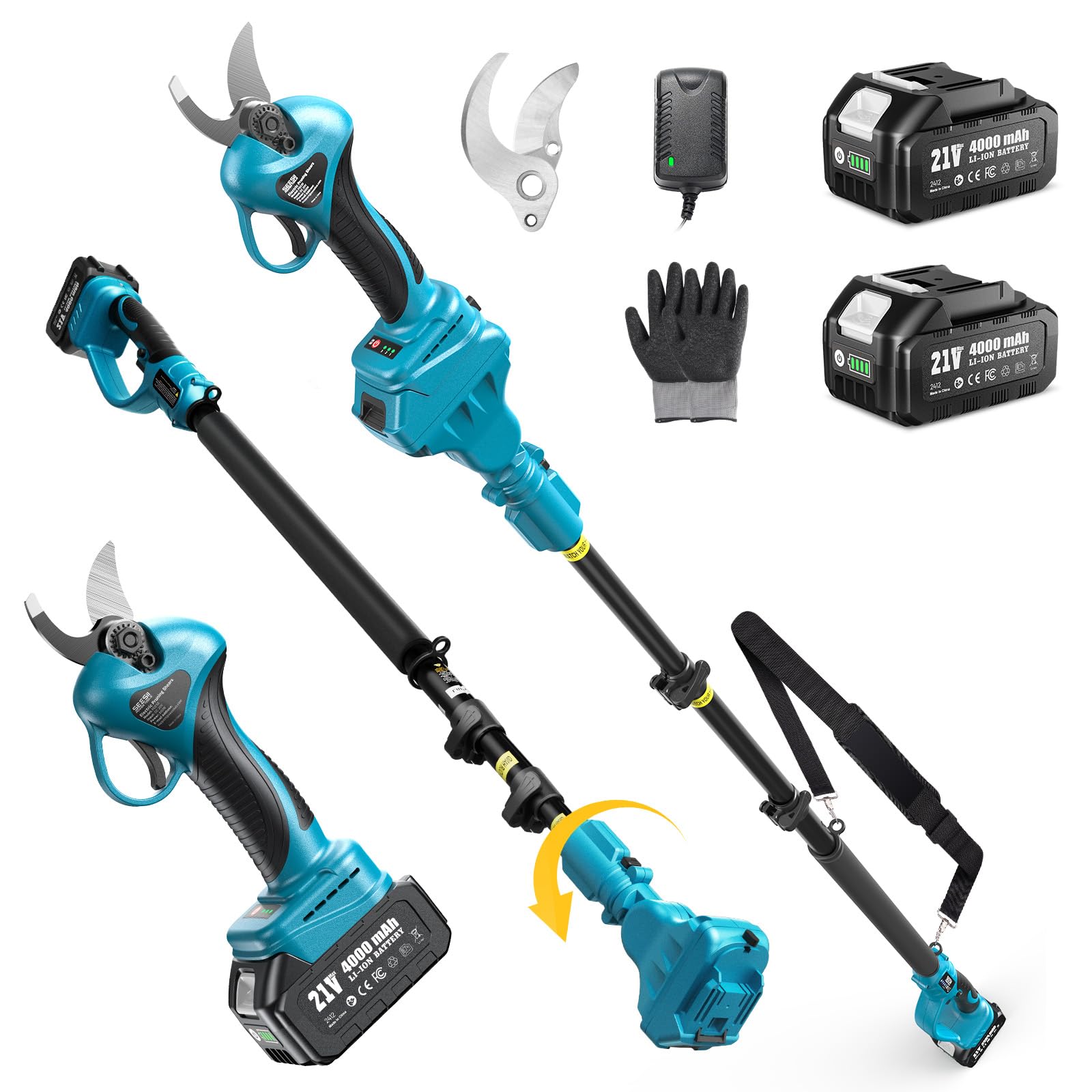 Seesii2-in-1 Cordless Electric Pruning Shears with Pole, 15Ft Reach, 1.2" Cutting Diameter, 21V 2x 4000mAh Batteries, Battery Powered Tree Pruner with Brushless Motor for Efficient Branch Trimming