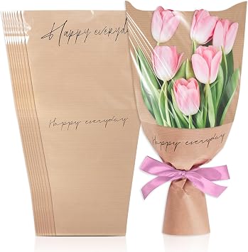 Threetols 20pcs Flower Bags for Bouquets, Kraft Flower Wrapping Bags Paper Floral Packing Sleeves Bouquet Bag for Birthday Wedding Thanksgiving Mothers Day Teacher Friend Gift Florist Wrap Supplypink