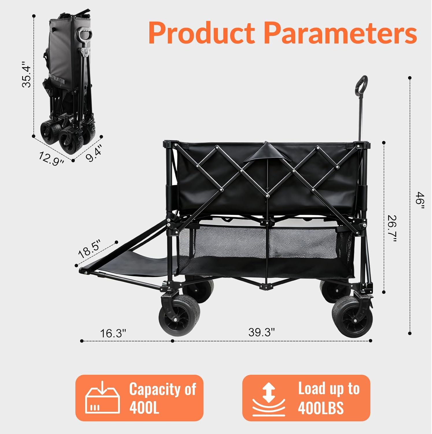 400L Large Capacity Double Decker Folding Wagon, Foldable 500lbs Heavy Duty Beach Cart with All-Terrain Big Wheels,Utility Carts Foldable for Beach, Sports,Outdoor,Shoping