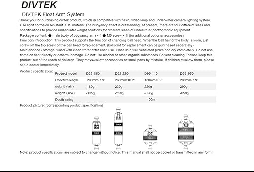 Miniatura 7 de Brazo flotante de flotabilidad, soporte de buceo DIVTEK con soporte de bayoneta Nauticam, ligero mejorado para cámara subacuática, bandeja de cámara