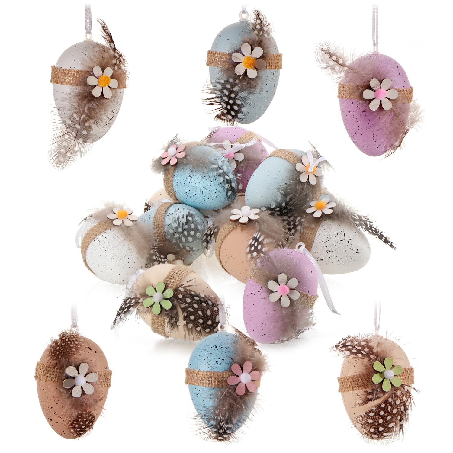 COM-FOUR® 12x Easter eggs for hanging 7 x 5 cm, with feathers and wooden flower - colored Easter eggs in quail egg look - hanger for the Easter bush made of plastic - hanging decoration for Easter