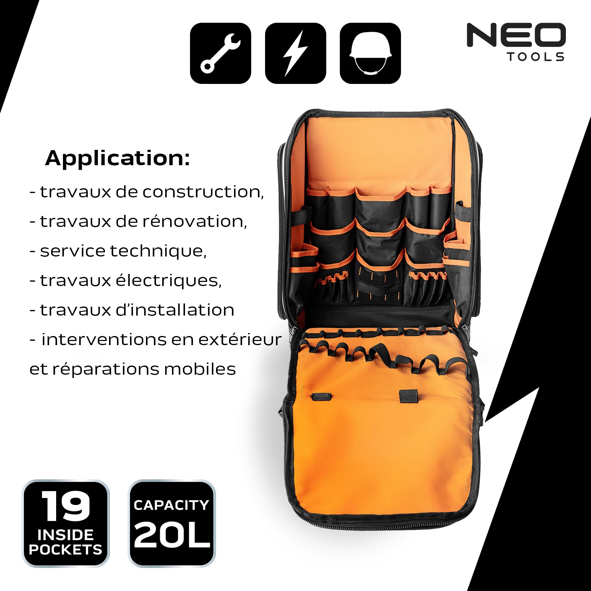 NEO TOOLS Sac à dos à outils 20 l I Poches pour accessoires | Sac à dos à outils avec fond en caoutchouc, sac à dos robuste avec renfort pour électriciens, plombiers, travailleurs d'entretien 26