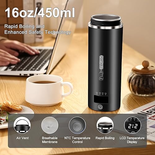 Miniatura 5 de Tetera de viaje, pequeña tetera eléctrica, portátil, con 4 ajustes de temperatura, enchufe en acero inoxidable 304, con apagado automático (negro)