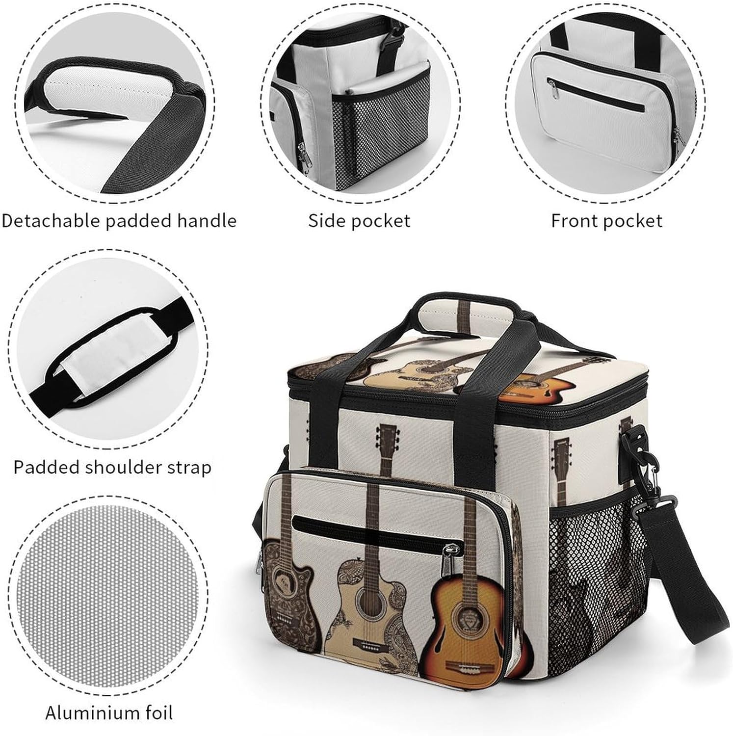 Guitar Cooler Bag Portable Insulated Lunch Bags Leakproof Ice Chest Large Capacity Soft Cooler Tote for Picnic Camping Work Travel Keep Food Drinks Fresh 22.5L