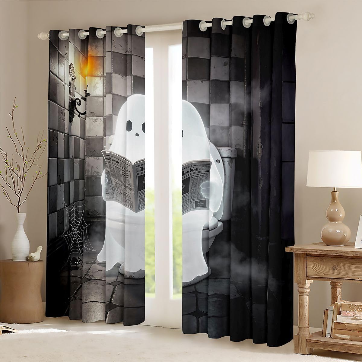Feelyou Funny Ghost Curtains for Bedroom Living Room Happy Halloween Blackout Darkening Drapes Ghost Printed Window Treatments, 2 Panels 52 x 96 InchRoom Decor image 2
