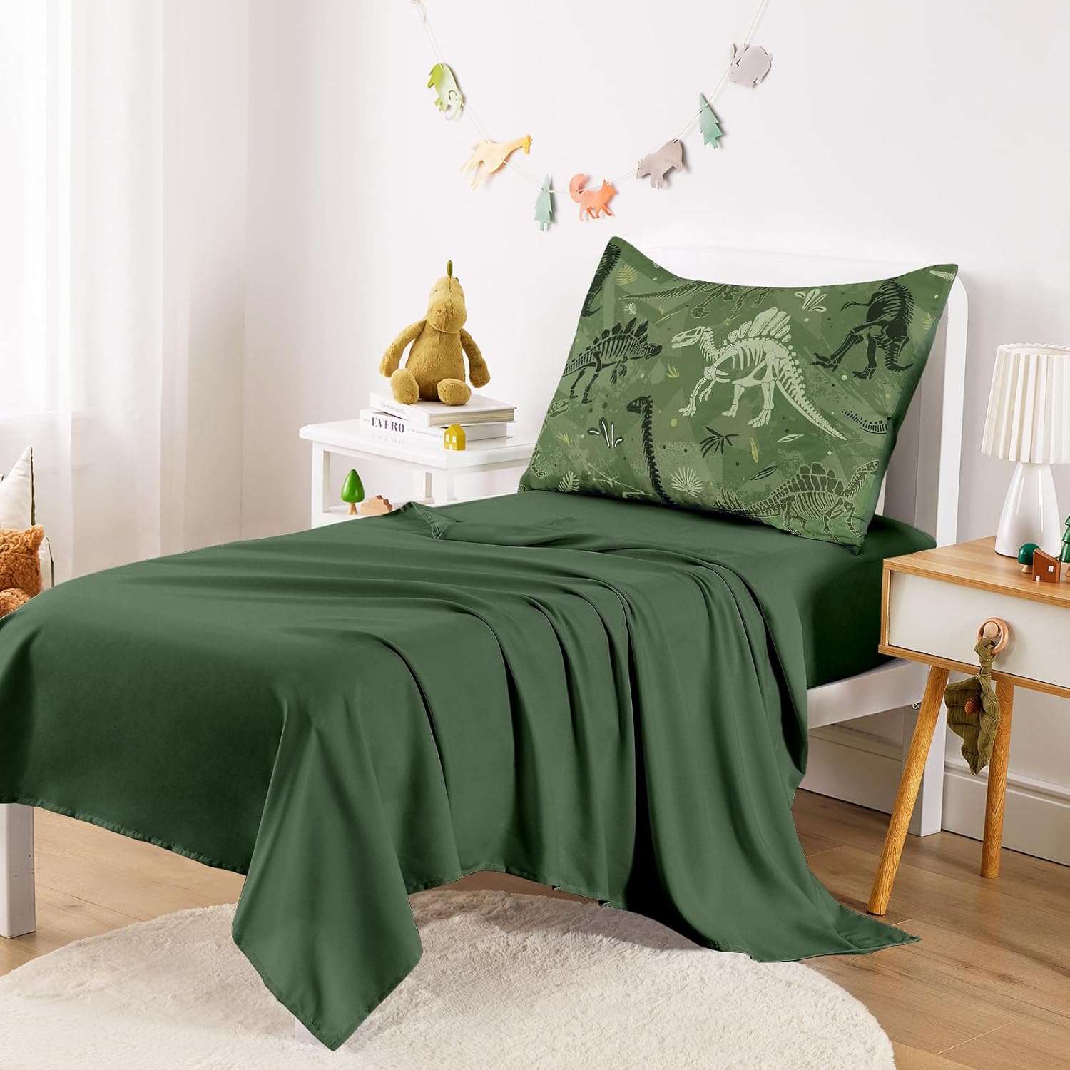 Wake In Cloud - Dinosaur Toddler Bedding Set for Boys, Colorful Dino Prehistoric Fossil, 4 Pieces Soft Crib Bed Set Including Comforter, Sheets and Pillowcase, Army Green