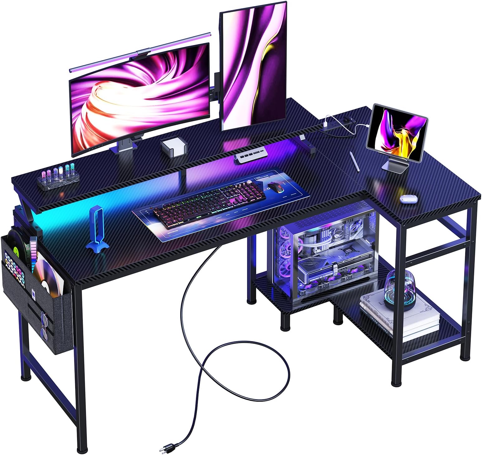 DUMOS Gaming Desk, Computer Desk with USB Charging Ports, Power Outlets, Type-C and LED Lights, Reversible L Shaped Desk with Storage Shelves & Monitor Stand for Office Gaming Room Black 48IN