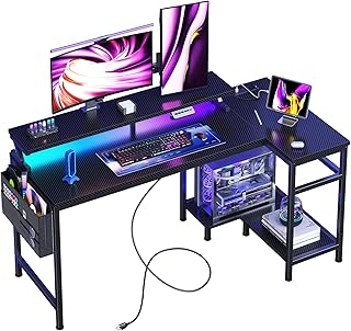 DUMOS Gaming Desk, Computer Desk with USB Charging Ports, Power Outlets, Type-C and LED Lights, Reversible L Shaped Desk with Storage Shelves & Monitor Stand for Office Gaming Room Black 48IN