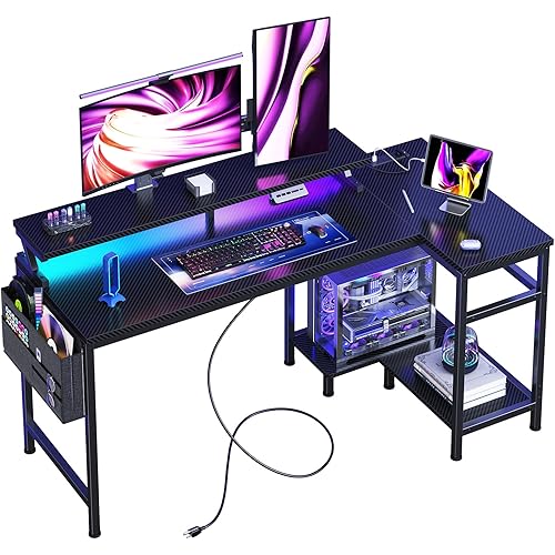 DUMOS Gaming Desk, Computer Desk with USB Charging Ports, Power Outlets, Type-C and LED Lights, Reversible L Shaped Desk with Storage Shelves & Monitor Stand for Office Gaming Room Black 48IN