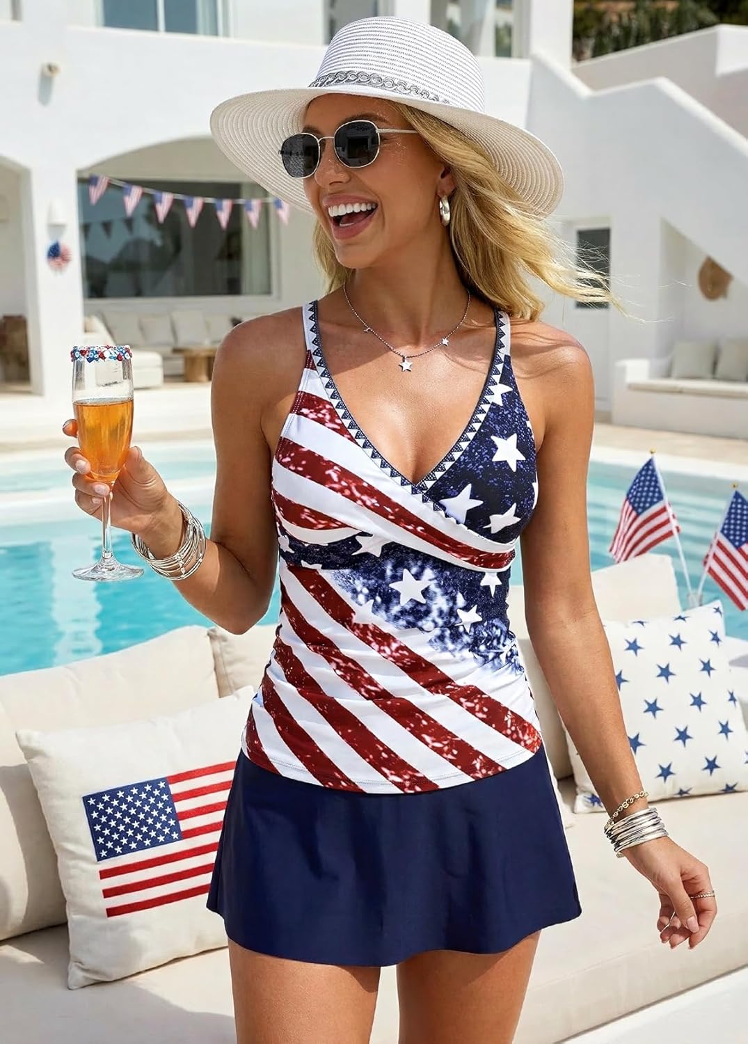 ROSEWE Two Piece Tankini Swimsuits for Women, Tummy Control Bathing Suit with Skirt, V-Neck Swimdress