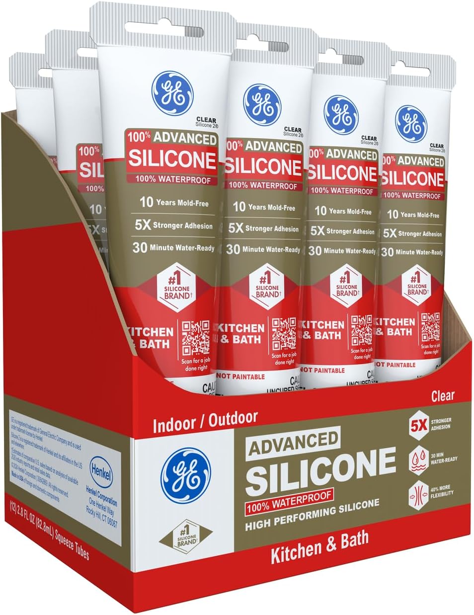 GE Advanced Silicone Caulk for Kitchen & Bathroom, Clear, 2.8 fl oz Tube, 12 Pack - 100% Waterproof Silicone Sealant, 5X Stronger Adhesion, Shrink & Crack Proof
