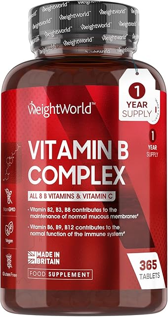 Vitamin B Complex High Strength - 365 Vegan Tablets (1 Year Supply) - Blend of 8 B Vitamins & Vitamin C - One A Day - Folic Acid, Biotin, B1, B2, B3, B5, B6, Vitamin B12 Supplement - GMO & Gluten Free