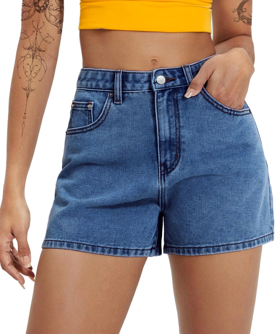 EMMIOL Jean Shorts Womens High-Mid Waisted Stretchy Basic Wash Solid Curvy Plus Size Boyfriend Denim Shorts Casual Y2k Jorts Navy Blue XL