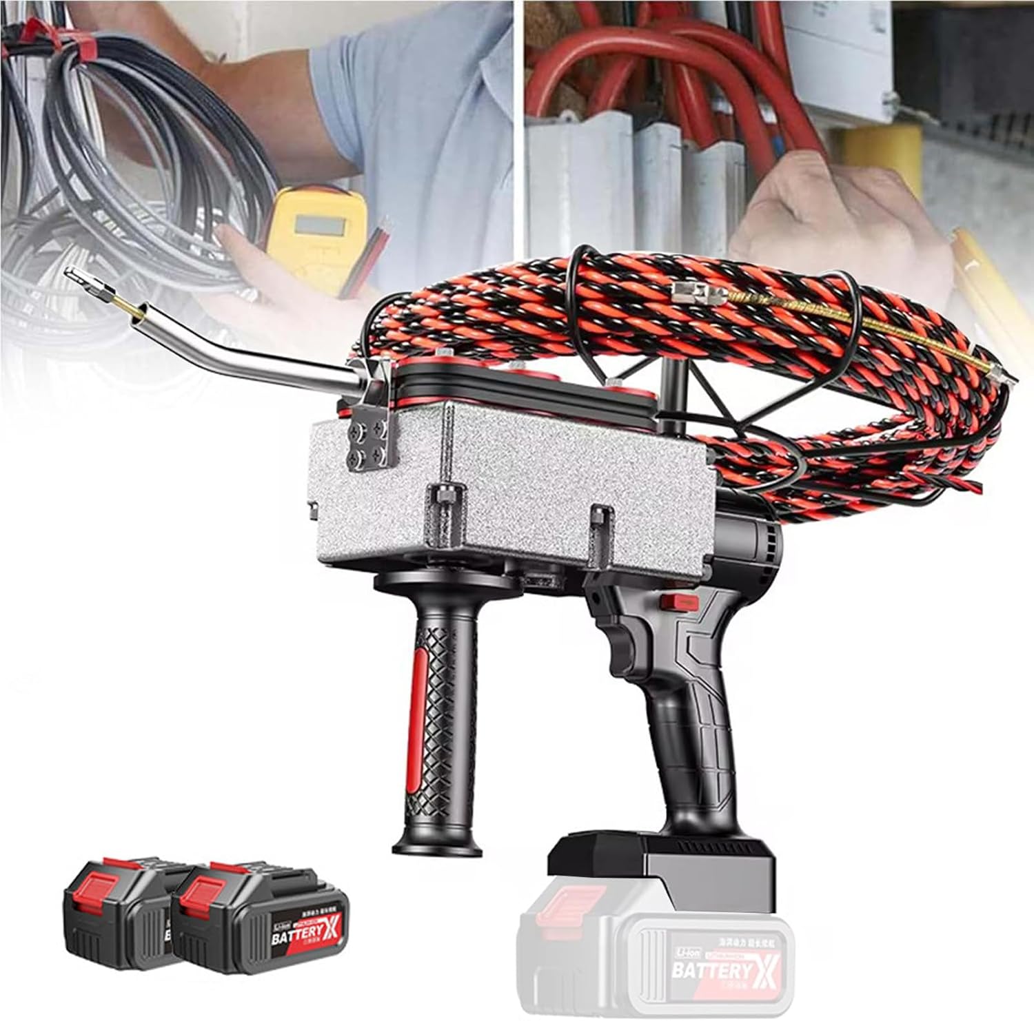 Auto Electric Fish Tape,40m/min Cordless Electric stringing Wire Puller,Wall Electrical Wire Threader,Cable Threading Tool,for Construction Hydropower Network Communication,Section10-2*Battery
