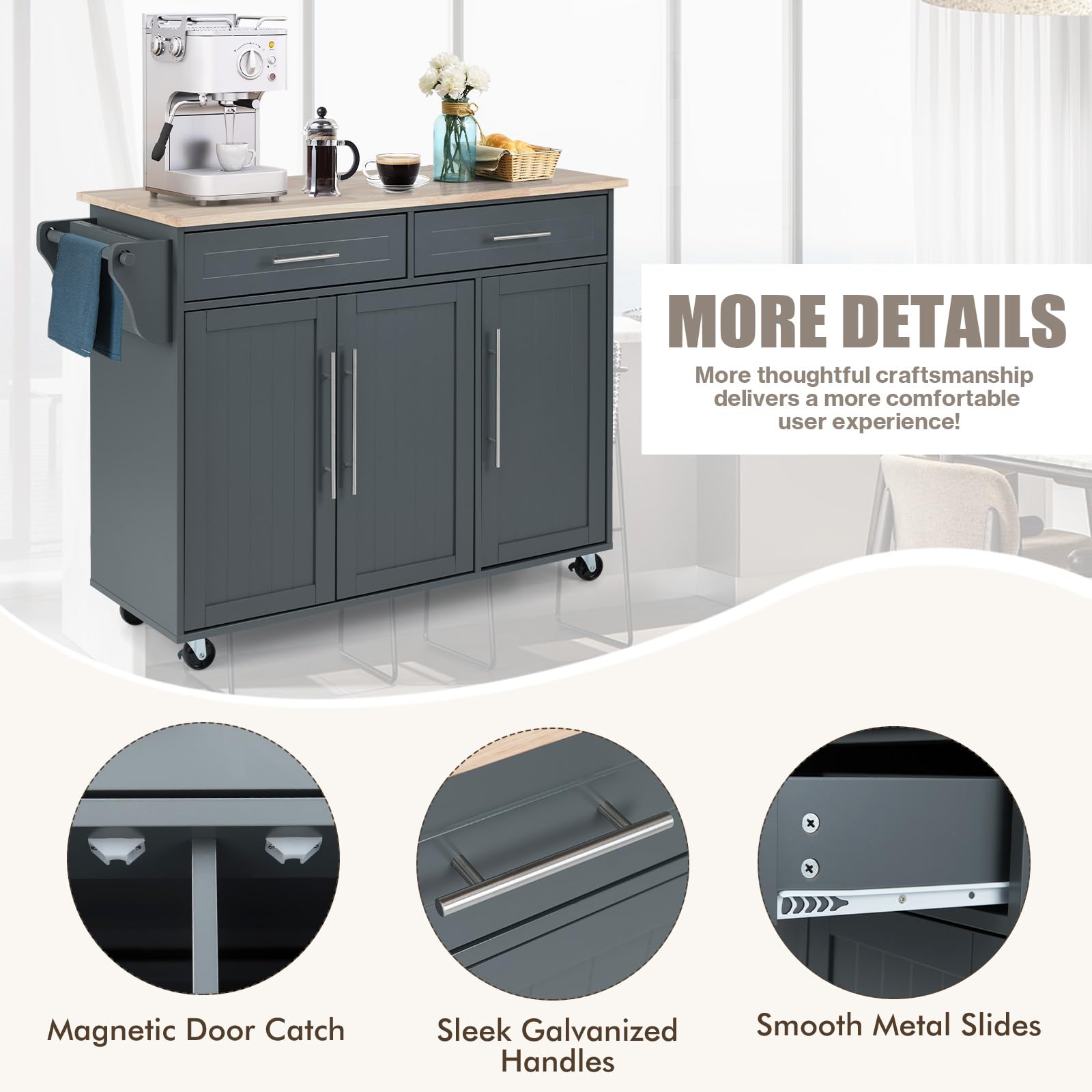 KOMFOTTEU Carrello Portaoggetti con Ruote con 2 Freni, Isola Cucina in Rovere Massiccio, Mobiletto da Pranzo con Portaspezie e Portasciugamani, per Soggiorno, 111,5 x 46 x 93 cm, In 2 Pacchi (Grigio)