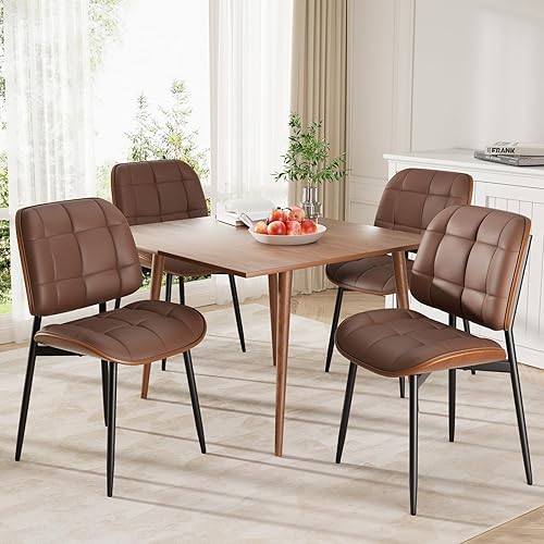 Miniatura 3 de Juego de 2 sillas de comedor, modernas de mediados de siglo, sillas de cocina tapizadas de piel sintética con cojín grueso y respaldo de madera