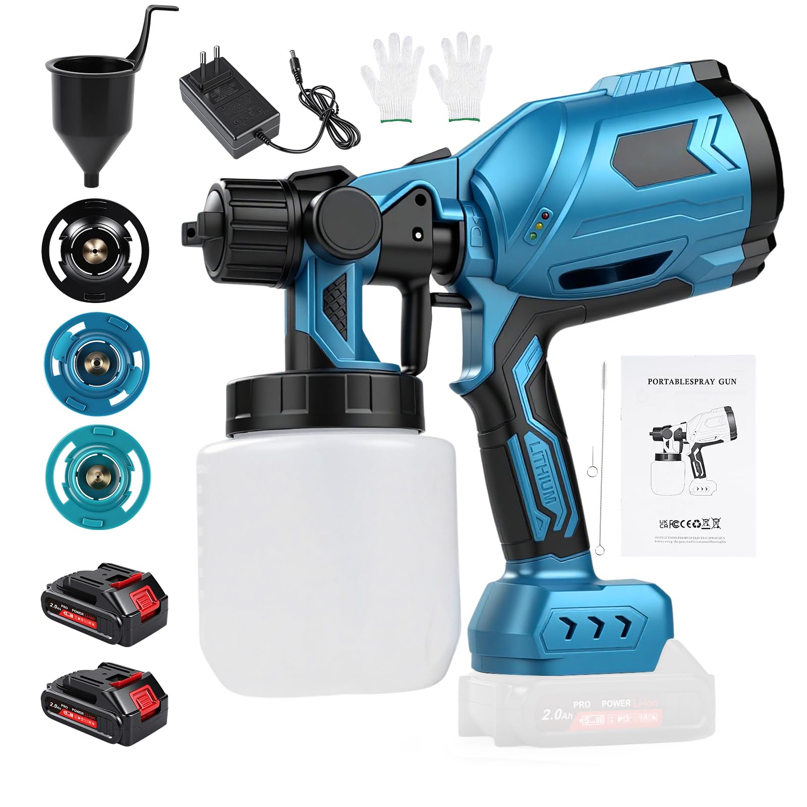 Sistema de pulverización de pintura con batería, 1000 ml, 3 patrones, pistola de pintura eléctrica con 3 boquillas y 2 baterías de 2000 mAh, para vallas, muebles, armarios, paredes, techos