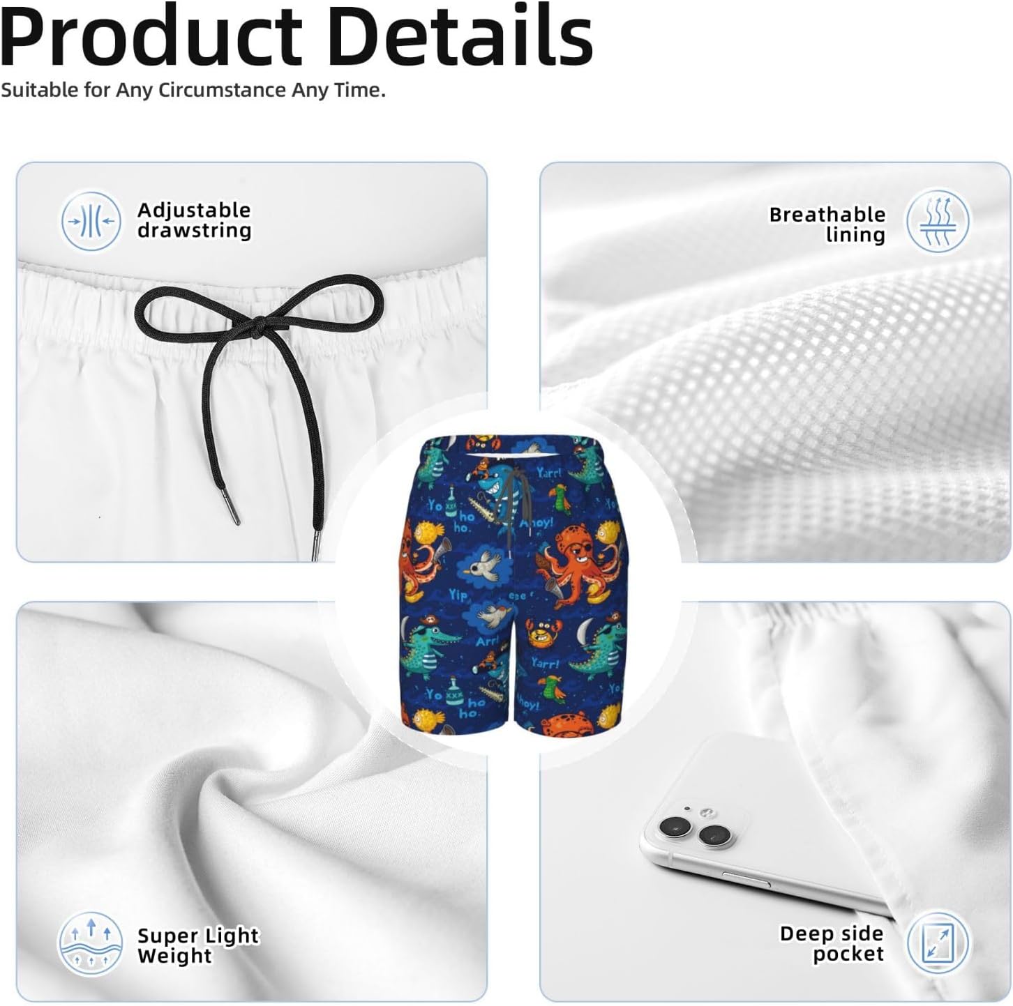 Men's Swim Trunks，Mesh Lining Quick Dry with Pockets Beach Shorts Hawaiian Holiday Beach Sports Shorts