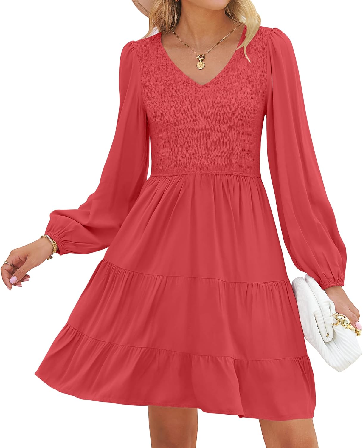 ZESICA Women's Casual V Neck Long Sleeve Smocked High Waist Ruffle A Line Tiered Mini Dress