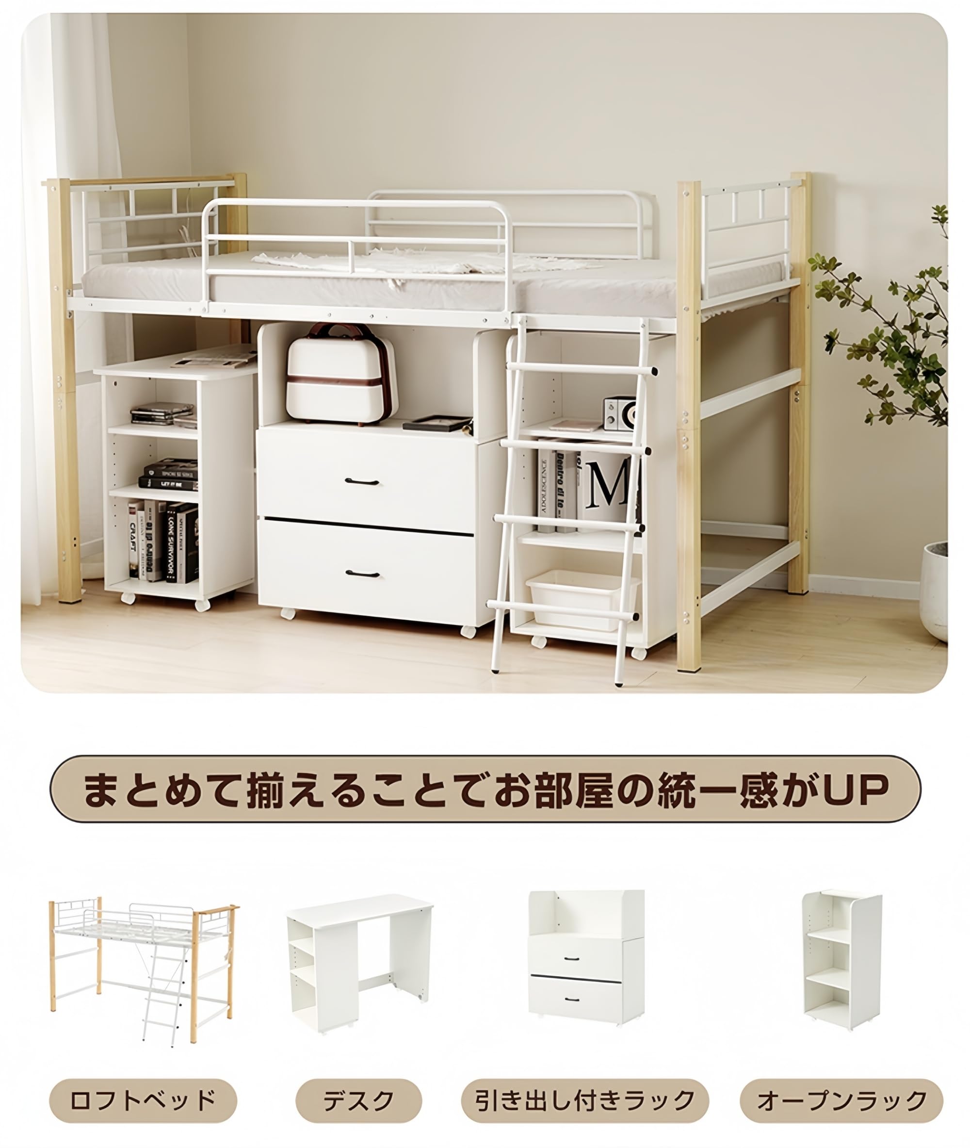 Amazon｜ロフトベッド ミドルタイプ シングル 4点セット デスク付き