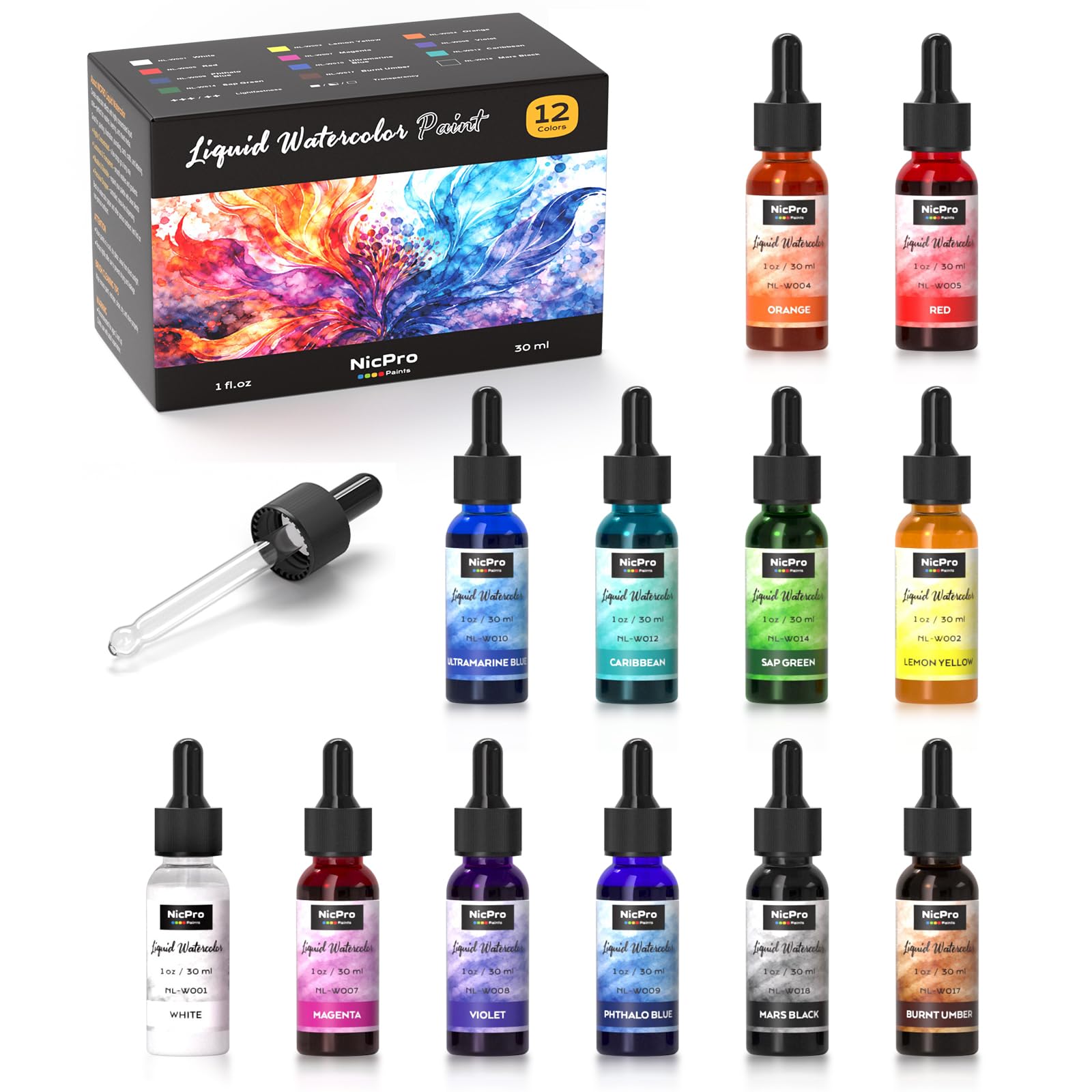 12 Colors Liquid Watercolor Paint Set 30ml (1oz) Ink Dropper Bottles