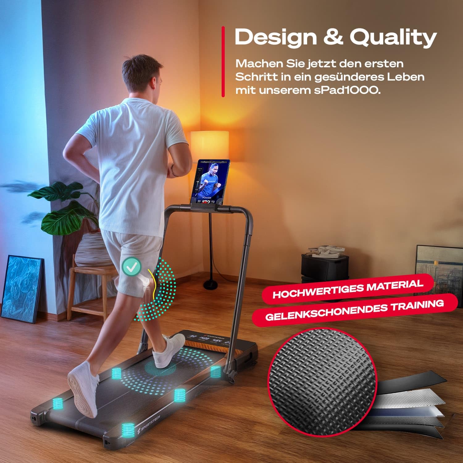 Sportstech Walking Pad mit automatischer Steigung, Laufband für Zuhause, Büro & Schreibtisch, klappbar, leise, Bluetooth, Fernbedienung, bis 130 kg, Heimtrainer Cardio Joggen, sPad500, sPad1000