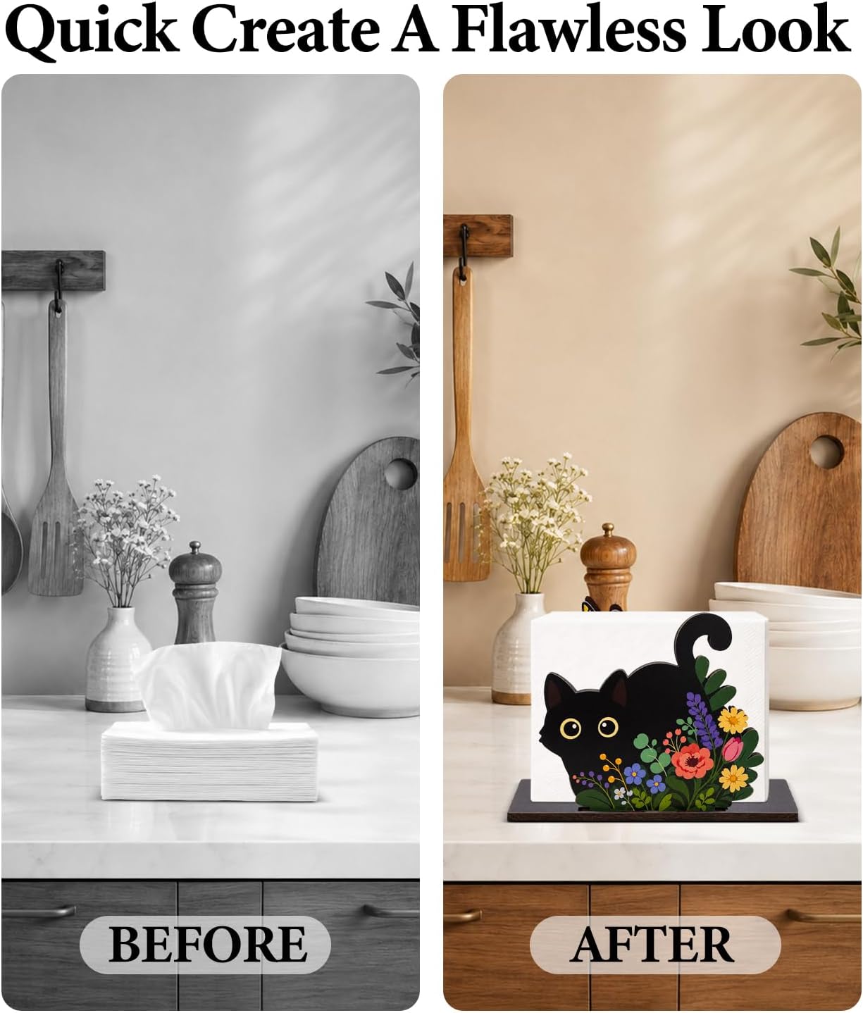 Cute Black Cat Wooden Napkin Holder for Table, Farmhouse Cat Flower Napkin Dispenser, Funny Tissue Holder for Kitchen Dining Room Napkins Dispenser Tabletop Decor