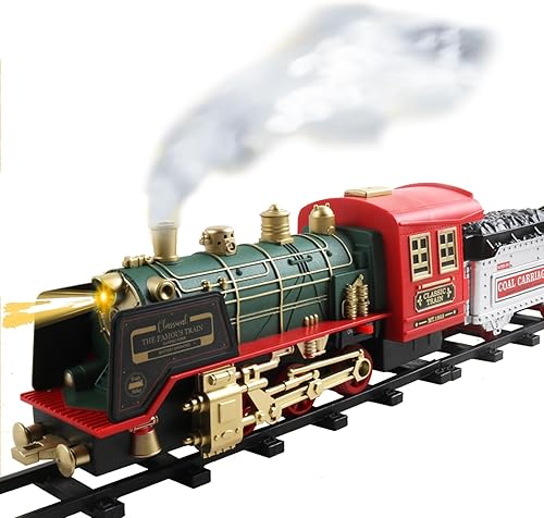 Miniatura 9 de Tren eléctrico de Navidad con control remoto con humo, luces, sonido, locomotora, automóviles y transporte remoto, recargable por USB, con pista,