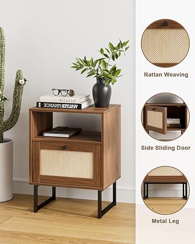 Miniatura 25 de Masupu Mesita de noche de ratán con estación de carga, moderna mesita de noche de madera bohemia con cajón de almacenamiento y estante abierto, mesa