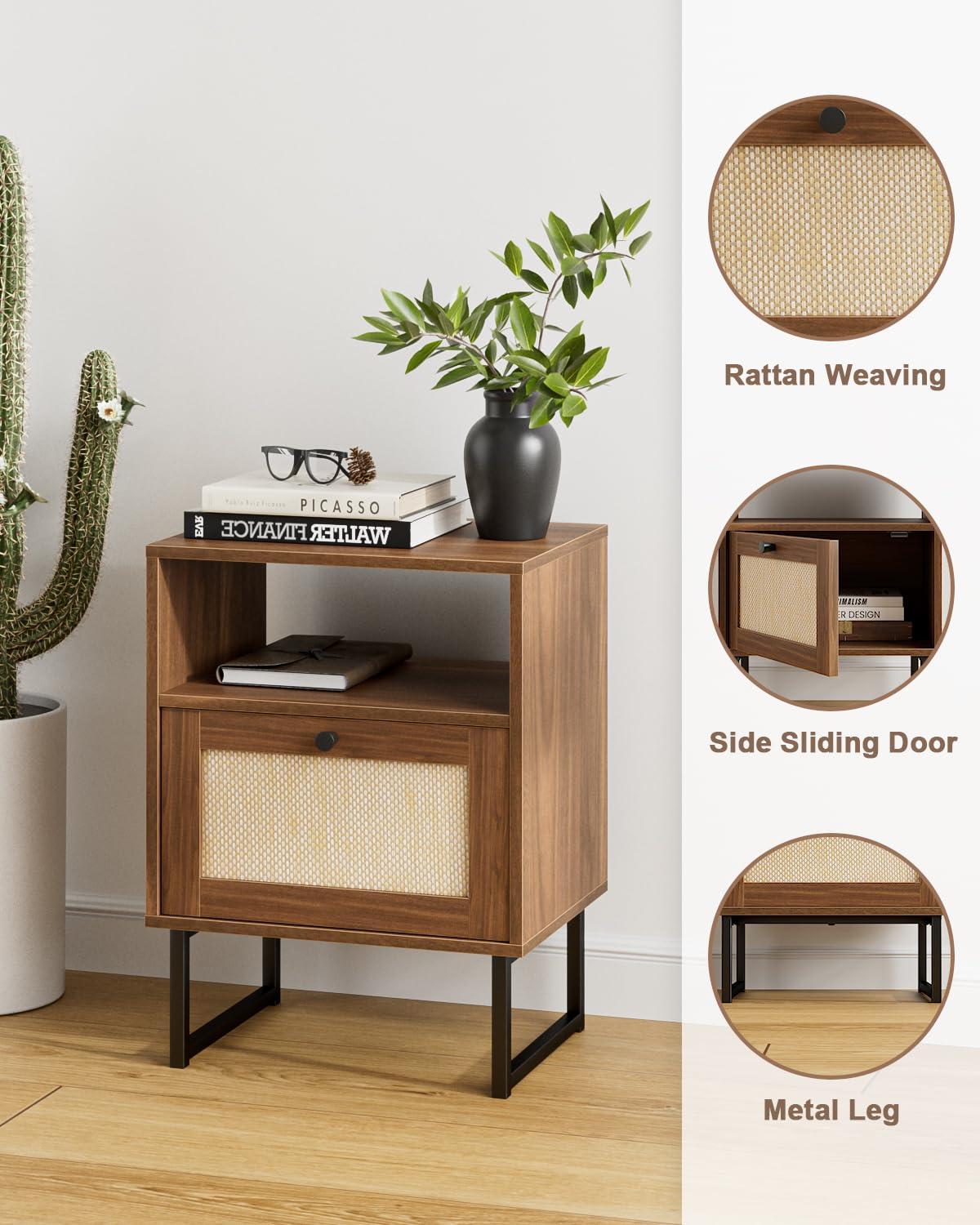 HEYZOEY Rattan Nachttisch,Moderner Boho Bauernhof Holz Nachttisch mit Schublade und offenem Regal,Kleiner Goldrahmen Beistelltisch für Schlafzimmer,Wohnzimmer,Büro(Braun)