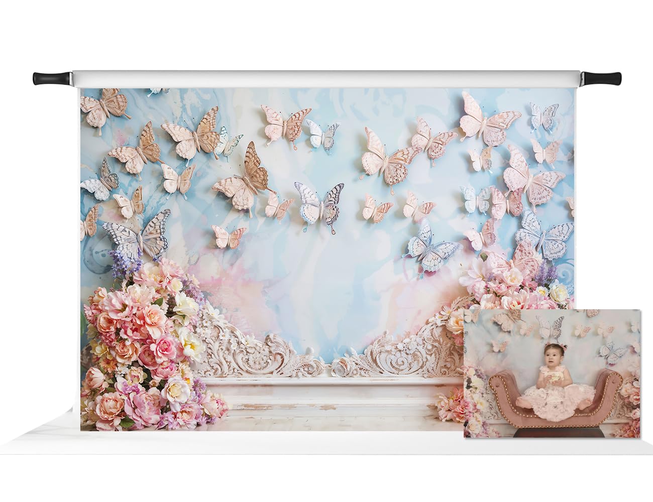 Kate Butterfly Wall Backdrop for Photography Pink Flowers Dreamworld Girls Birthday Party Background for Baby Shower (7x5ft)