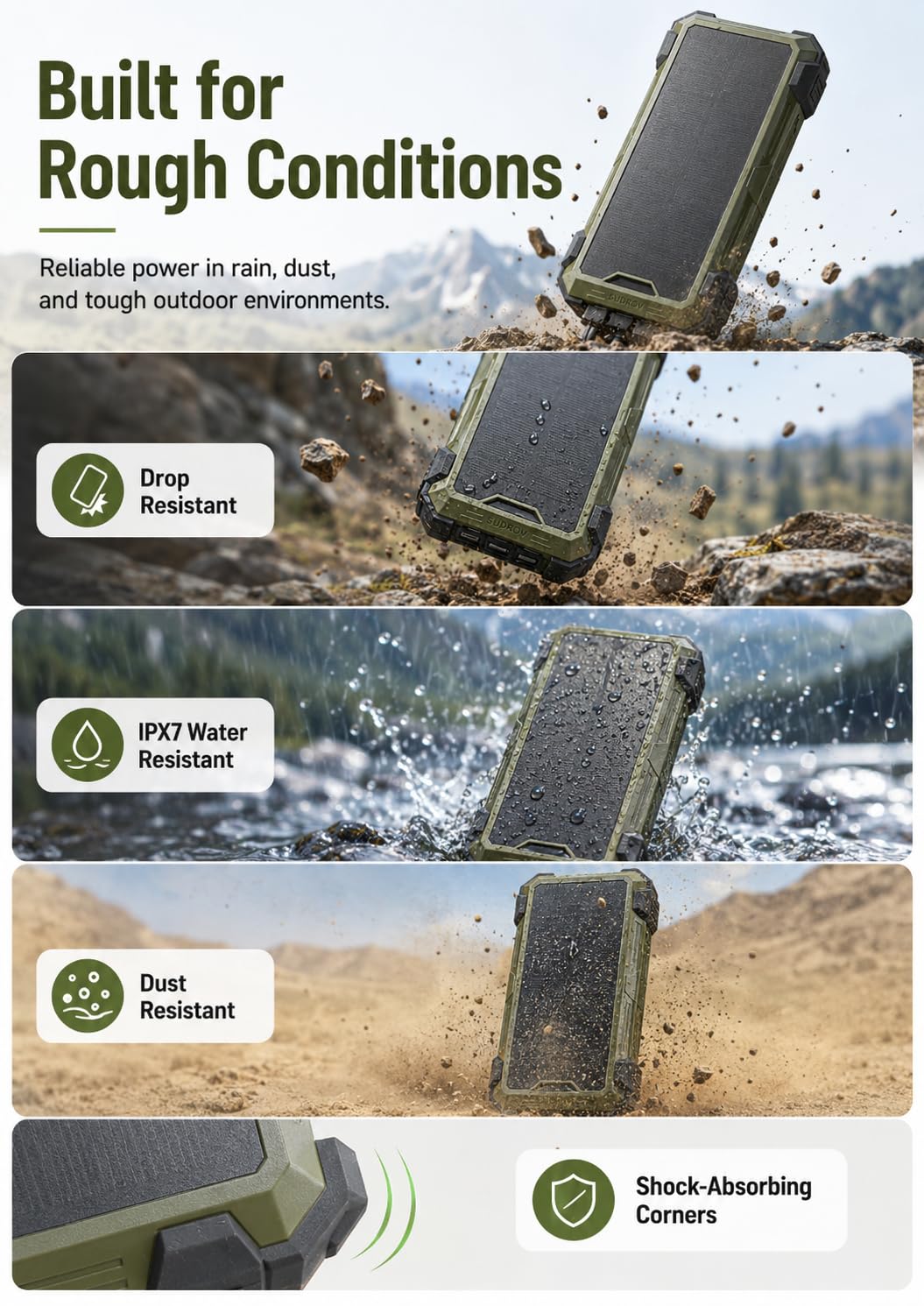 Sudrov Banco de energía solar de 20000 mAh, cargador inalámbrico, regalos para hombres y padres, carga rápida de 15 W, 4 cables integrados, entrada/salida USB-C, cargador solar para iPad, Samsung