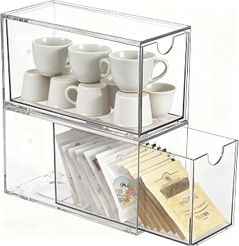 Clear Acrylic Teabag Storage with Lid 2 Pack Offee Pod Holder Organizer | Tea Bag Storage 2 Pack Tea Organiser Stackable Tea Bag Drawer Organizer for Teabag Sugar Coffee Pods Sweeteners