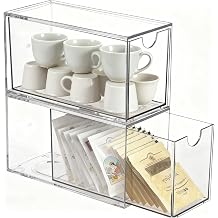 Clear Acrylic Teabag Storage with Lid 2 Pack Offee Pod Holder Organizer | Tea Bag Storage 2 Pack Tea Organiser Stackable Tea Bag Drawer Organizer for Teabag Sugar Coffee Pods Sweeteners