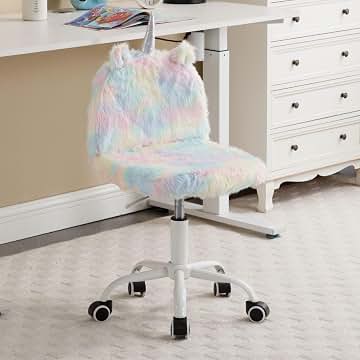 Silla de escritorio para niños, colorida piel sintética, suave, esponjosa, giratoria, altura ajustable, silla de computadora para niños y niñas, color rosa