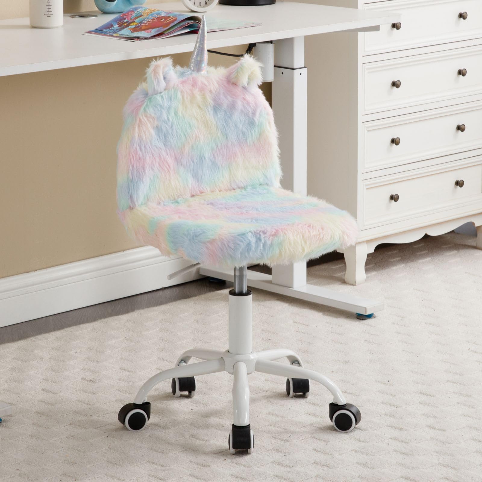 Ya-Home Silla de Escritorio Infantil Silla para Niños Giratoria,Silla de Estudio Altura Ajustable Silla Juvenil Linda Silla de Felpa con Forma de Unicornio,Colorido