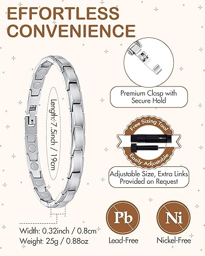 Miniatura 8 de Feraco Pulsera magnética para mujer, acero de titanio, pulsera magnética con imanes de neodimio, regalos de joyería de Navidad (plateado)