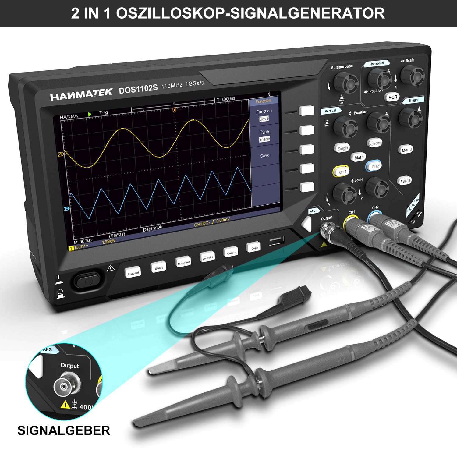 HANMATEK 2 in1 DOS1102S Digitales Speicheroszilloskop mit integriertem Wellenformgenerator, 110MHz Bandbreite, 2 × 500MSa/s Abtastrate, Zweikanal