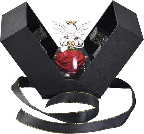 PARSUP Forma de ángel de cúpula de cristal con rosa real preservada, romántica para el día de San Valentín, día de la madre, Año Nuevo, Navidad,