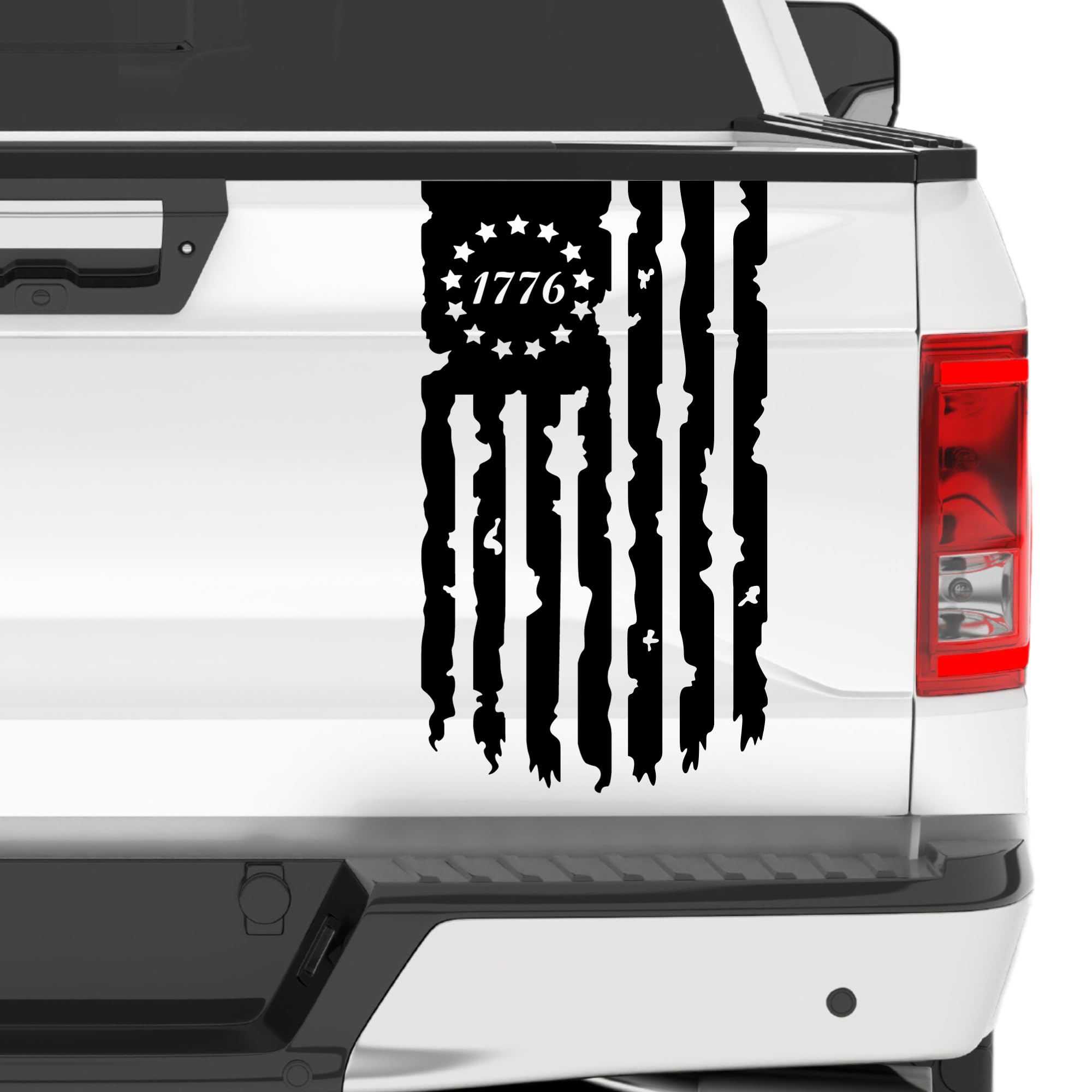 Aldera Graphics Betsy Ross Flag 1776 Distressed American USA US Flag Truck Tailgate Vinyl Decal Sticker Compatible with Most Pickup Trucks - (10" x 18") - Pickup Truck Rear Graphic Car Sticker (Black)