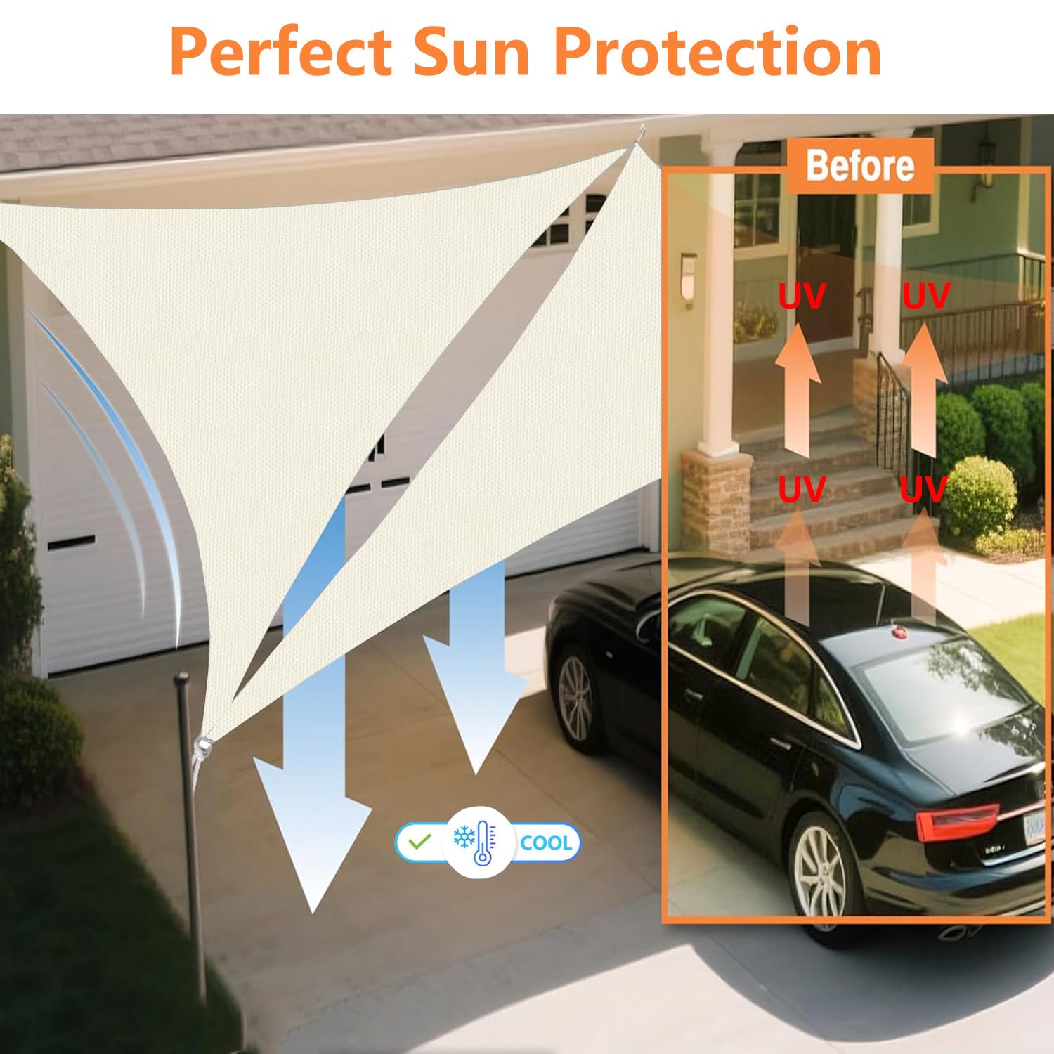Sonnenschutz Terrasse Sonnensegel 6x6x4M Dreieckig Segeltuch Meterware Viele Größe Farben Seitenschutz Balkon mit D-Ring inkl Befestigungsseile UV-Schutz Wetterfest für Garten Creme