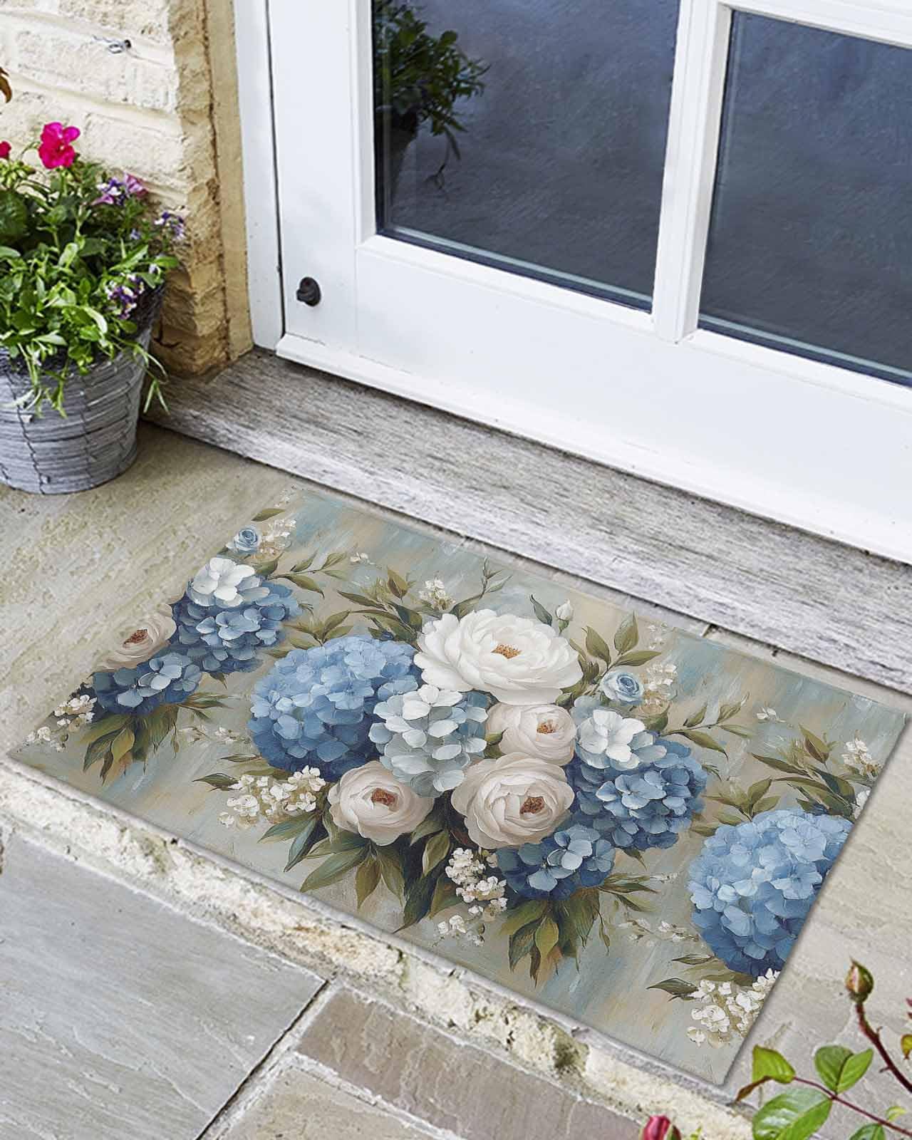 Front Doormat Indoor Outdoor Entrance, Spring Blue Hydrangea Farm Non-Slip Door Mats Low Profile Patio Porch Entryway Rugs, 18"x30" Summer White